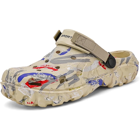 Mens Camouflage Printed Garden Clogs Slip On Water Shoes with Adjustable Back Strap Lightweight Outdoor EVA Rubber Mules for Beach, Pool, Yard, and Summer Hiking