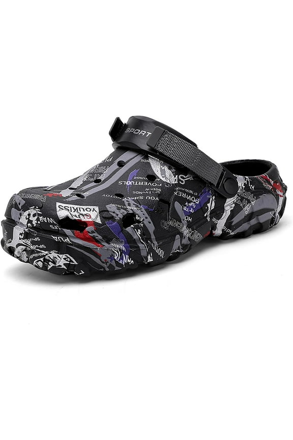 Mens Camouflage Printed Garden Clogs Slip On Water Shoes with Adjustable Back Strap Lightweight Outdoor EVA Rubber Mules for Beach, Pool, Yard, and Summer Hiking