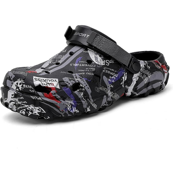 Mens Camouflage Printed Garden Clogs Slip On Water Shoes with Adjustable Back Strap Lightweight Outdoor EVA Rubber Mules for Beach, Pool, Yard, and Summer Hiking