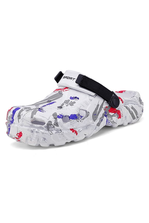 Mens Camouflage Printed Garden Clogs Slip On Water Shoes with Adjustable Back Strap Lightweight Outdoor EVA Rubber Mules for Beach, Pool, Yard, and Summer Hiking