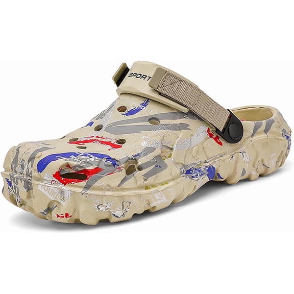 Mens Camouflage Printed Garden Clogs Slip On Water Shoes with Adjustable Back Strap Lightweight Outdoor EVA Rubber Mules for Beach, Pool, Yard, and Summer Hiking