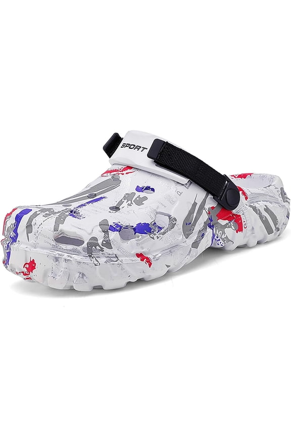 Mens Camouflage Printed Garden Clogs Slip On Water Shoes with Adjustable Back Strap Lightweight Outdoor EVA Rubber Mules for Beach, Pool, Yard, and Summer Hiking