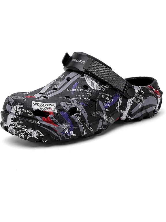 Mens Camouflage Printed Garden Clogs Slip On Water Shoes with Adjustable Back Strap Lightweight Outdoor EVA Rubber Mules for Beach, Pool, Yard, and Summer Hiking