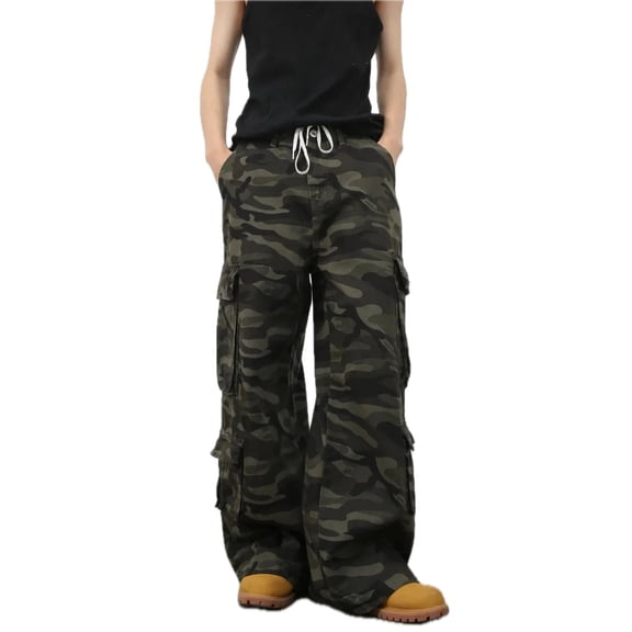 Mens Camouflage Wide Leg Cargo Pants Relaxed Fit Durable Cotton Casual Outdoor Streetwear Versatile Cargo Pockets
