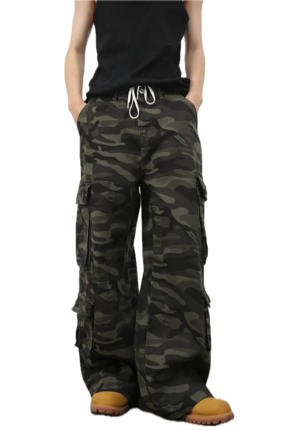 Mens Camouflage Wide Leg Cargo Pants Relaxed Fit Durable Cotton Casual Outdoor Streetwear Versatile Cargo Pockets