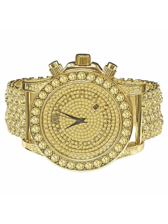 Mens Canary Bling Master Custom Watch Yellow Gold Tone Solitaire Simulated Diamonds Iced Out Band
