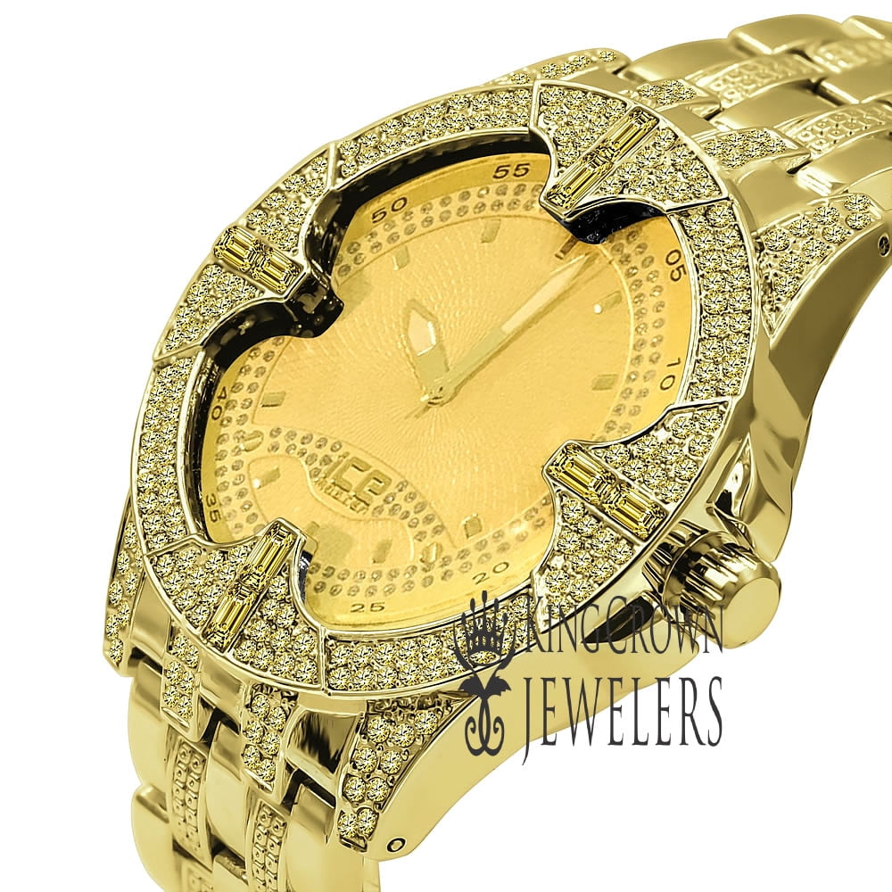 ICE MASTER Mens Canary Citrine 18K Yellow Gold Tone Joe Rodeo Simulated Diamonds Metal Watch 46mm