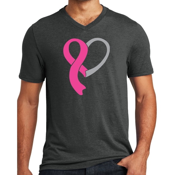 Mens Cancer Awareness Heart Ribbon V-neck Tee Shirt, Black Frost, Small