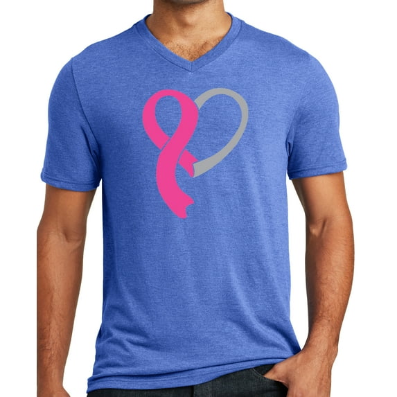 Mens Cancer Awareness Heart Ribbon V-neck Tee Shirt, Royal Frost, Medium