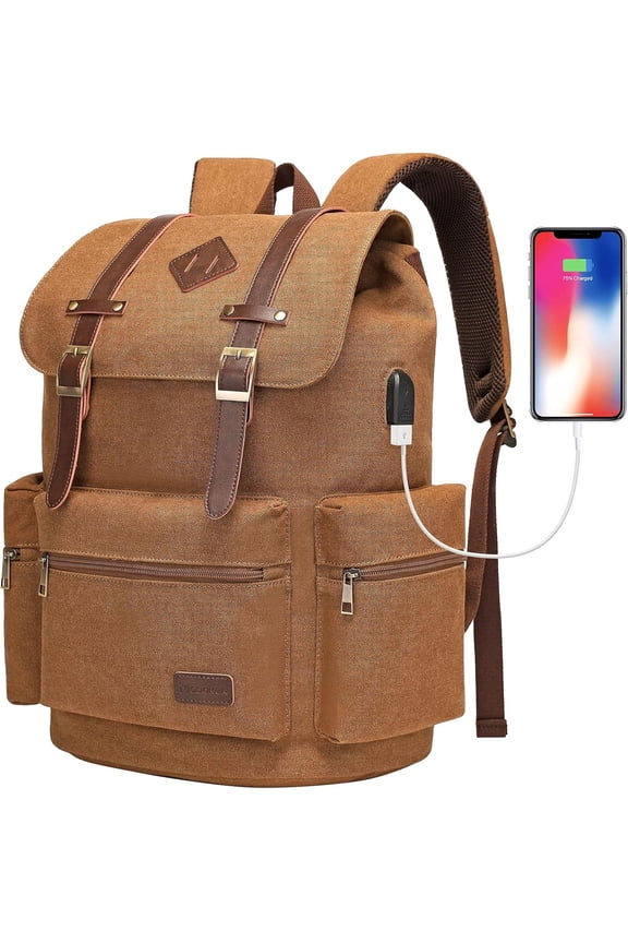 Mens Canvas  Backpack for Men,Women, Travel Laptop Backpack Fits 17/15.6 Inch Computer & Tablet, Large Bookbag Rucksack Backpack with USB  Port, Brown