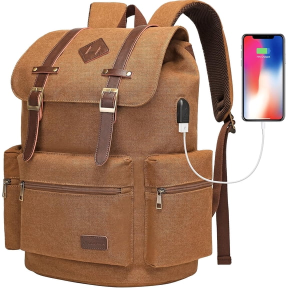 Mens Canvas  Backpack for Men,Women, Travel Laptop Backpack Fits 17/15.6 Inch Computer & Tablet, Large Bookbag Rucksack Backpack with USB  Port, Brown