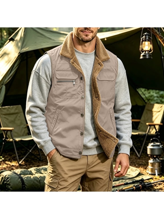 Mens Canvas Vest Fleece Sherpa Lined Work Vest Multi Pockets Button Down Hiking Fishing Camping Outdoor