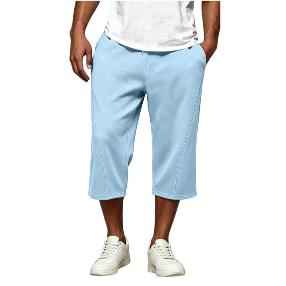 Mens Capri Pants Cropped Pants Below Knee Long Shorts 3/4 Loose Fit Lightweight Drawstring Sweatpants Pockets Size 3XL Light Blue