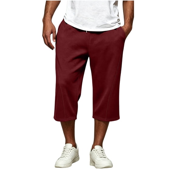 Mens Capri Pants Cropped Pants Below Knee Long Shorts 3/4 Loose Fit Lightweight Drawstring Sweatpants Pockets Size 3XL Wine