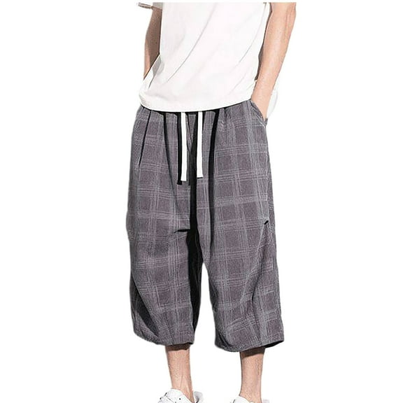 Mens Capri Pants Loose Fit Plaid Capris with Pockets Casual Trendy Elastic Waist Pants