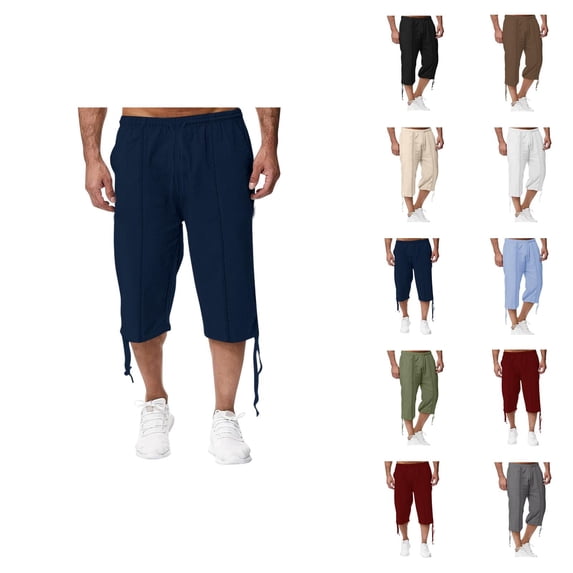 Mens Capri Pants Summer Casual Elastic Waist Cotton Linen Lightweight Straight Leg Cropped Pants with Pockets