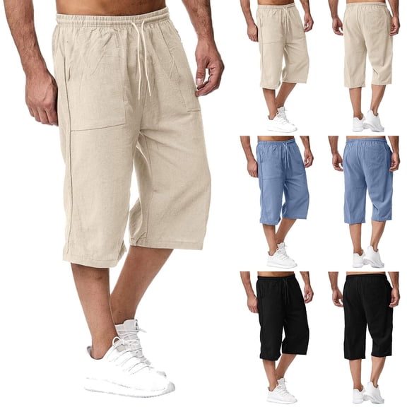 Mens Capri Pants Summer Casual Elastic Waist Drawstring Knee Length 3/4 Trousers with Pockets Loose Fit Lightweight Running Sports Clothes