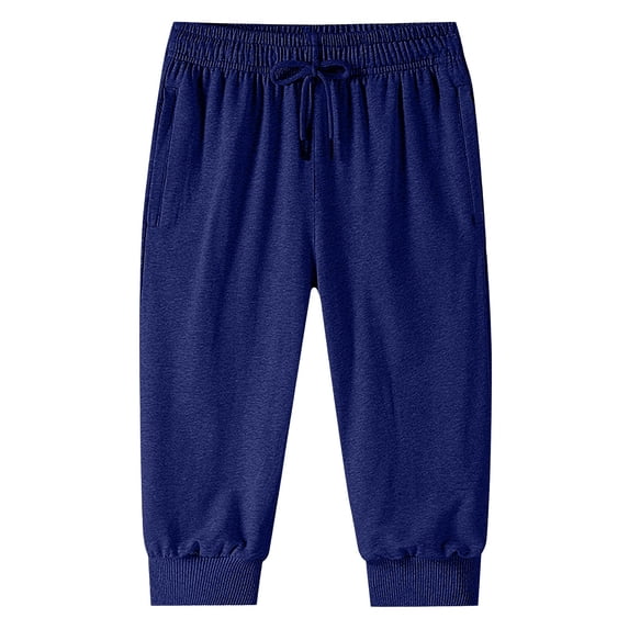 Mens Capris Pants Below The Knee 3/4 Drawstring Joggers with Pockets Blue M