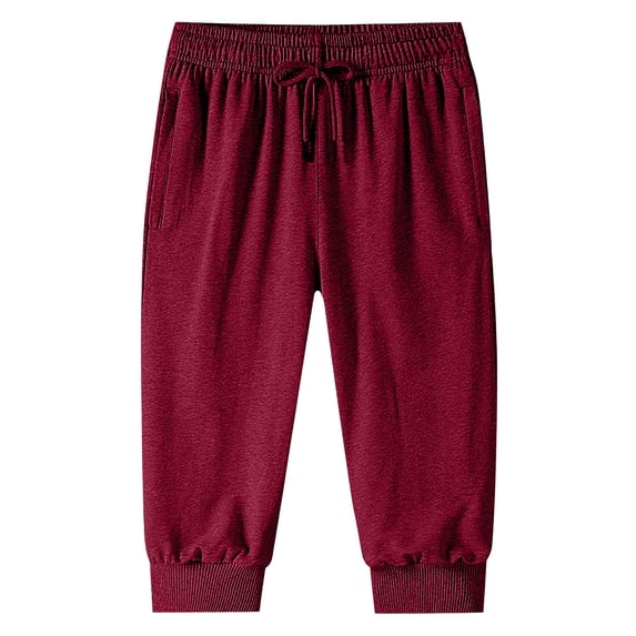 Mens Capris Pants Below The Knee 3/4 Drawstring Joggers with Pockets Red M