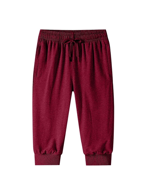 Mens Capris Pants Below The Knee 3/4 Drawstring Joggers with Pockets Red M
