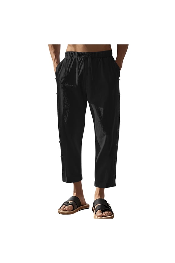 Mens Capris Pants, Men's Cotton Linen Pants Summer Casual Button Straight Beach Pants Baggy Elastic Waist Drawstring Yoga Trousers with Pockets XS-4XL