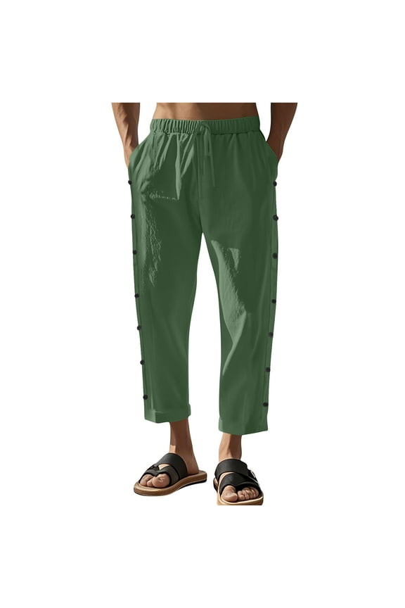 Mens Capris Pants, Men's Cotton Linen Pants Summer Casual Button Straight Beach Pants Baggy Elastic Waist Drawstring Yoga Trousers with Pockets XS-4XL