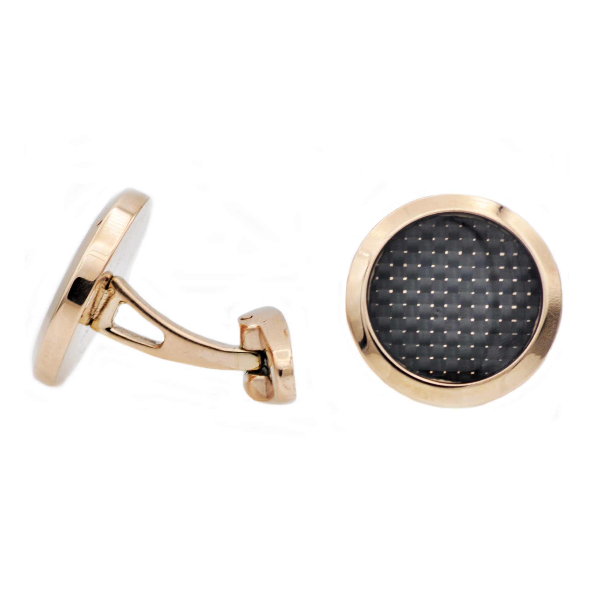 Mens Carbon Fiber And Rose Plated Stainless Steel Cuff Links
