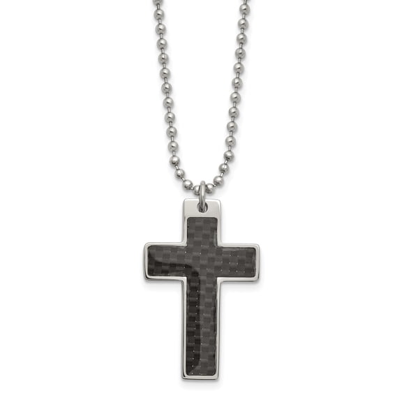 Mens Carbon Fiber Cross Pendant Necklace with Polished Stainless Steel Bead Chain Modern Minimalist Design Reflective Checkerboard Inlay Spiritual Statement Jewelry for Casual or Formal Wear