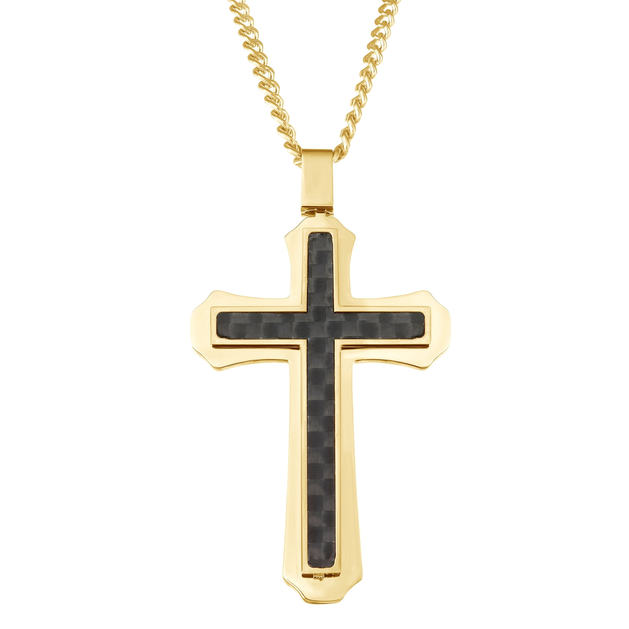 ARISTA Mens Carbon Fiber Gold Plated Stainless Steel Cross Pendant