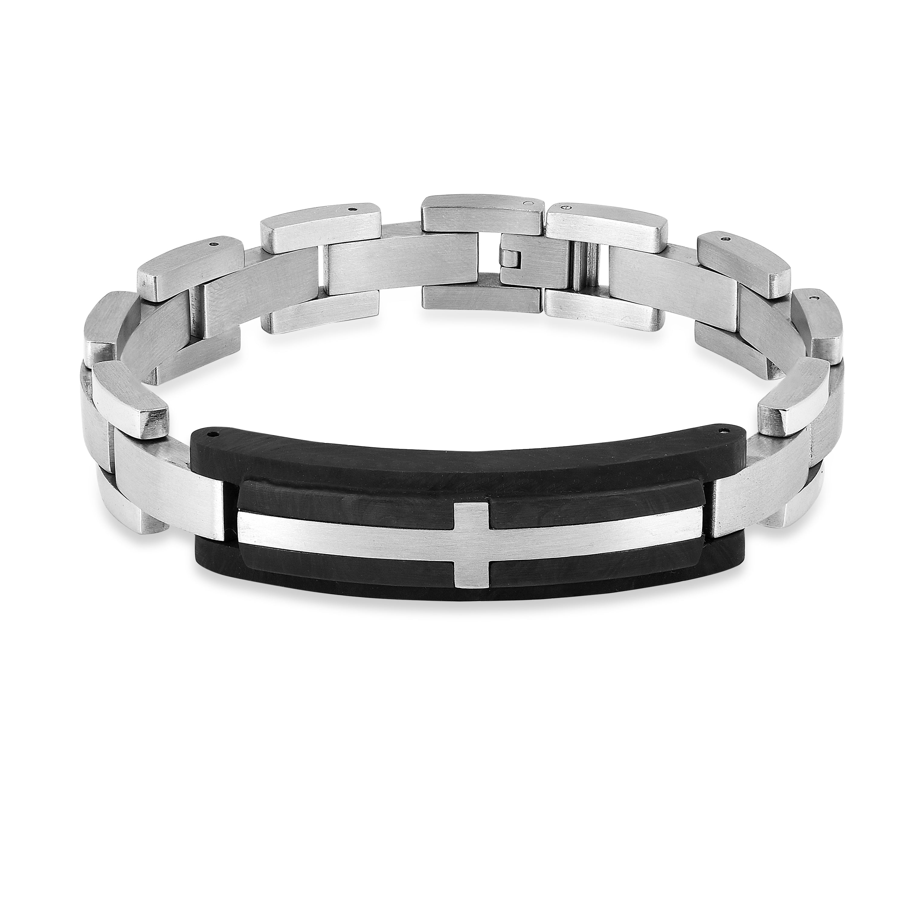 Mens Carbon Fiber Leather Stainless Steel Cross Bracelet for Men Gift