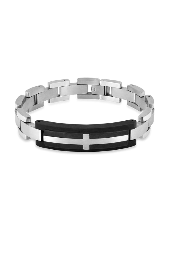 Mens Carbon Fiber Leather Stainless Steel Cross Bracelet for Men Gift