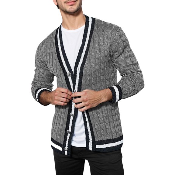 Mens Cardigan Colour Blocked Style Long Sleeved Knitted Mens T Shirts,Grey,2XL