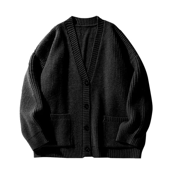 Mens Cardigan Sweater Button Down Long Sleeve V Neck Cable Knit Sweater with Pockets Black S