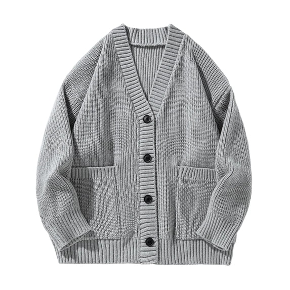 Mens Cardigan Sweater Button Down Long Sleeve V Neck Cable Knit Sweater with Pockets Grey M