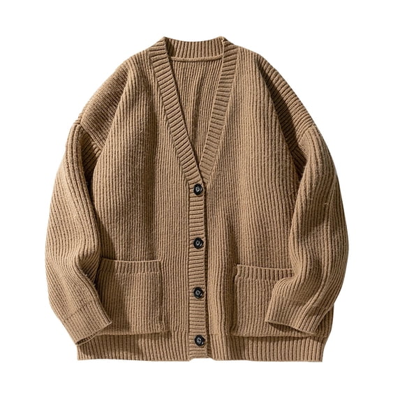 Mens Cardigan Sweater Button Down Long Sleeve V Neck Cable Knit Sweater with Pockets Khaki S