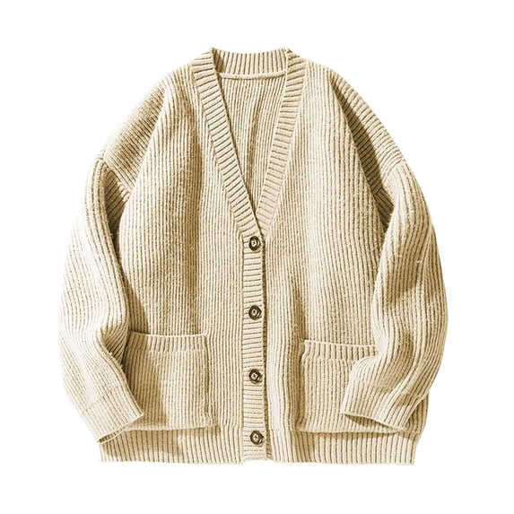 Mens Cardigan Sweater Button Down Long Sleeve V Neck Cable Knit Sweater with Pockets White XXXL