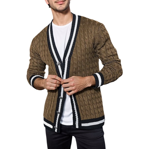 Mens Cardigan Sweater Colour Blocked Style Long Sleeved Knitted Couple Gifts for Him and Her,Brown,L