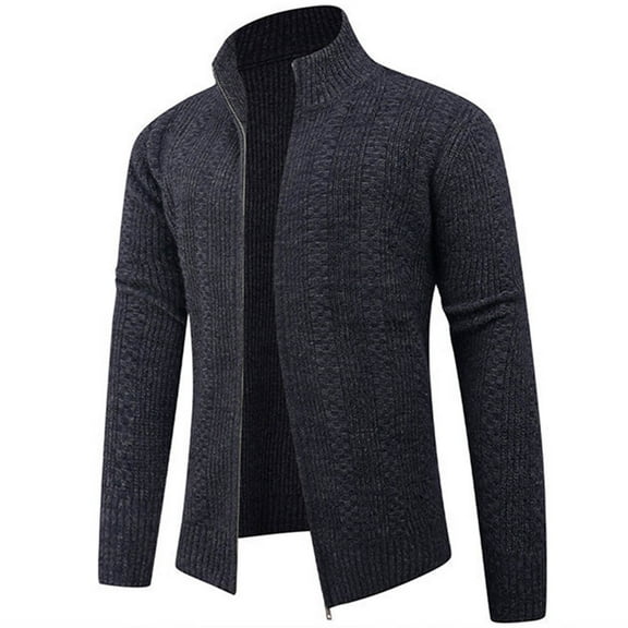 Mens Cardigan Sweater Full Zip Up Stand Collar Cardigans Long Sleeve Knitted Sweaters Dark Gray XL