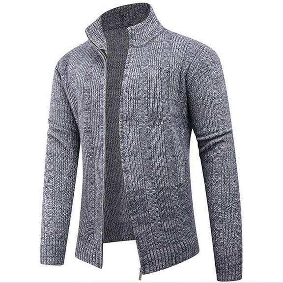Mens Cardigan Sweater Full Zip Up Stand Collar Cardigans Long Sleeve Knitted Sweaters Gray M