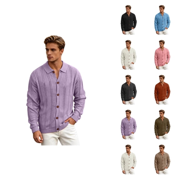 Mens Cardigan Sweater Long Sleeve Casual Button Down Lapel Collar Hollow out Knit Cardigans Fall Clothes
