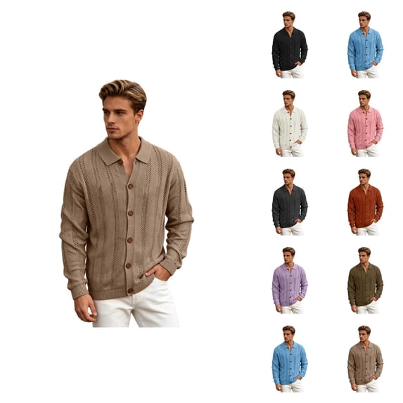 Mens Cardigan Sweater Long Sleeve Casual Button Down Lapel Collar Hollow out Knit Cardigans Fall Clothes