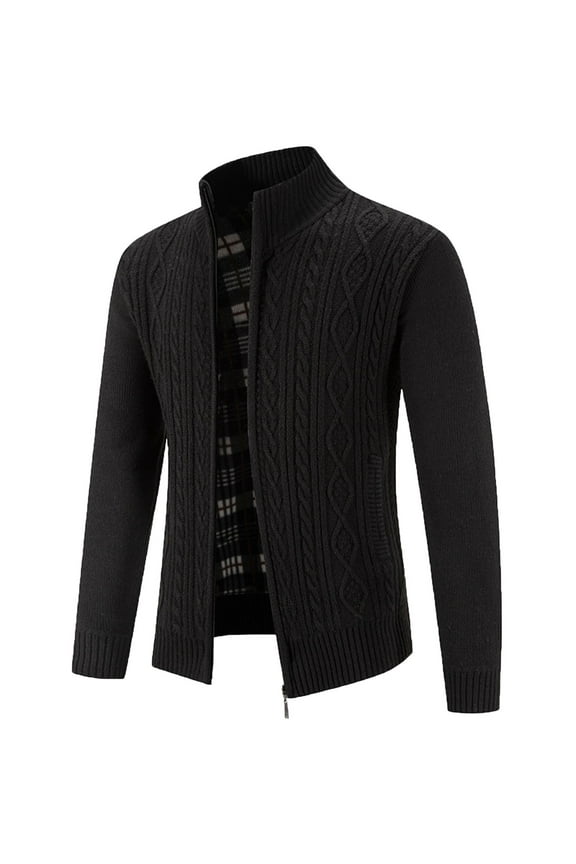 Mens Cardigan Sweater - Men's Sweater Coat Zip Front Knitted Wool Jacket Long Sleeve Outdoor Casual Autumn Winter Male Outerwear, Black, Size M