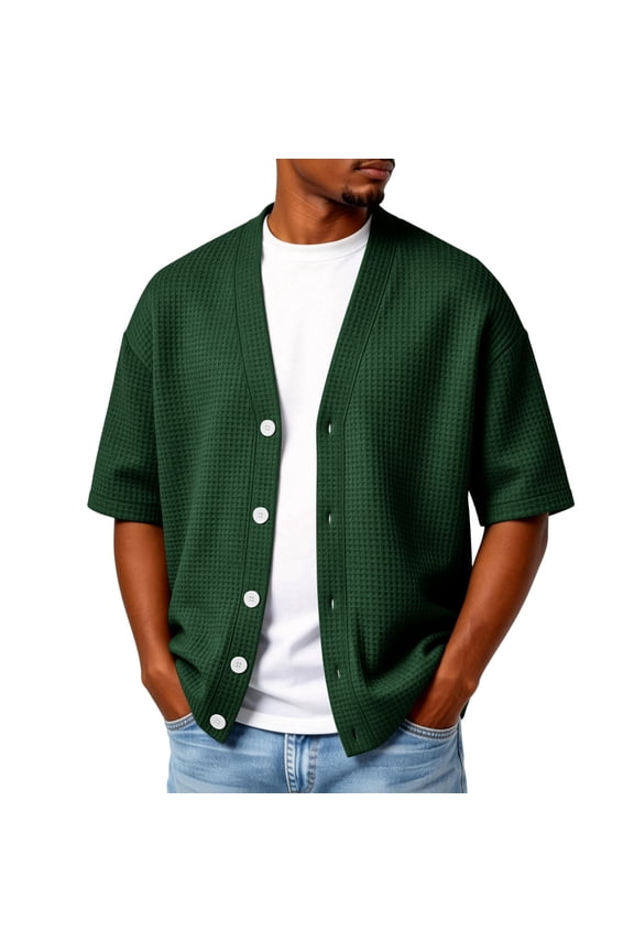 Mens Cardigan Sweater Textured Waffle Knit Short Sleeve Cardigan Open Front Lightweight Casual Button Down Cardigan Gray L
