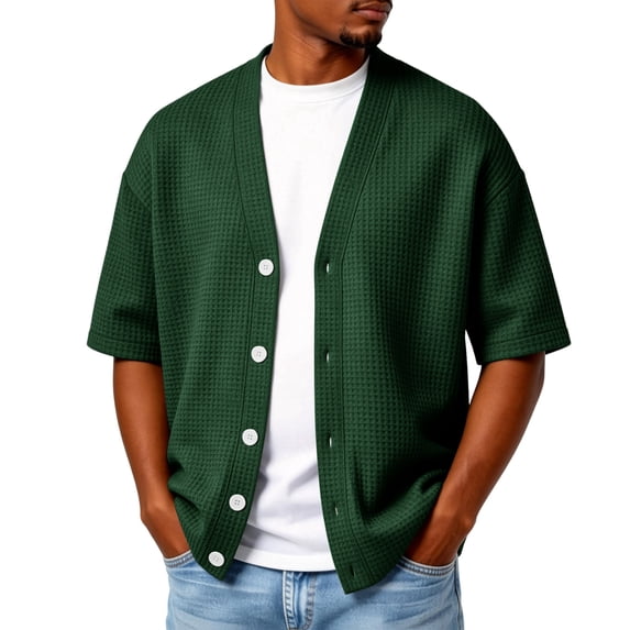 Mens Cardigan Sweater Textured Waffle Knit Short Sleeve Cardigan Open Front Lightweight Casual Button Down Cardigan Green 4XL