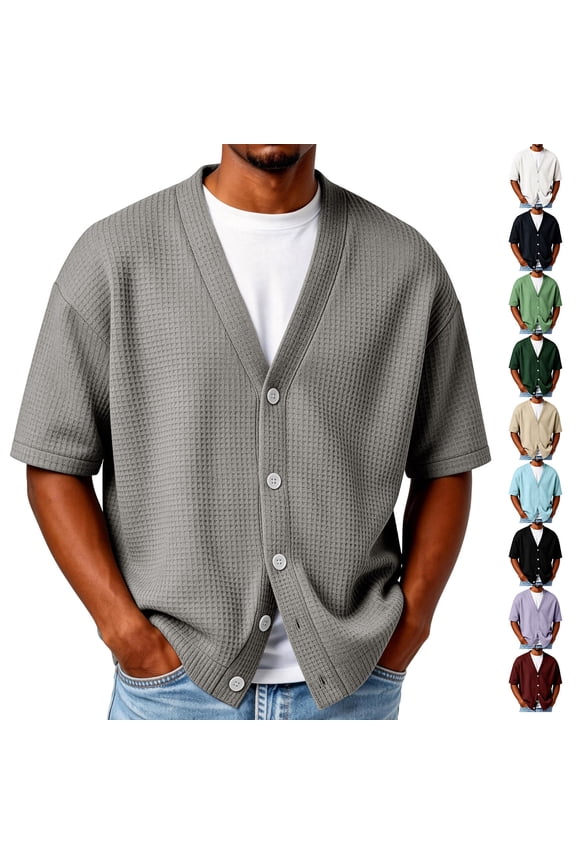 Mens Cardigan Sweater Textured Waffle Knit Short Sleeve Cardigan Open Front Lightweight Casual Button Down Cardigan, M