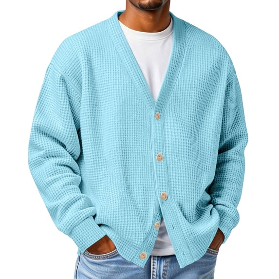 Mens Cardigan Sweater Waffle V Neck Button Down Cardigan Long Sleeve Cardigans Open Front Lightweight Casual Loose Blouse Light Blue 2XL