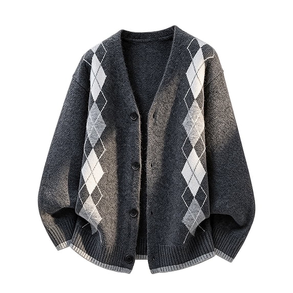 Mens Cardigan Sweaters Argyle Plaid Button Down V Neck Knit Long Sleeve Loose Knit Outerwear Sweaters Tops