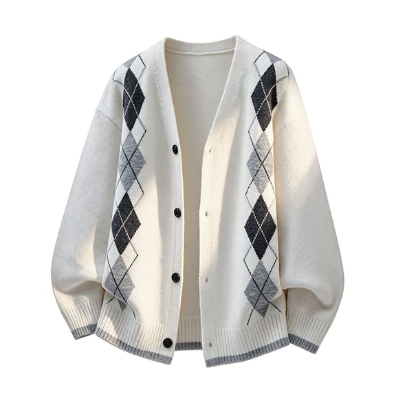 Mens Cardigan Sweaters Argyle Plaid Button Down V Neck Knit Long Sleeve Loose Knit Outerwear Sweaters Tops