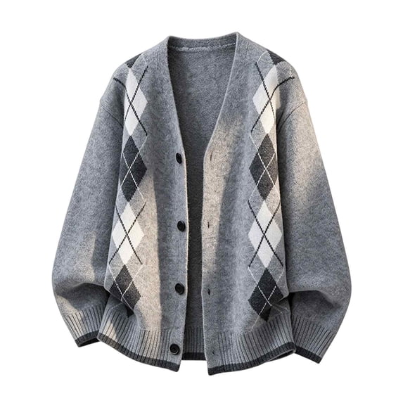 Mens Cardigan Sweaters Argyle Plaid Button Down V Neck Knit Long Sleeve Loose Knit Outerwear Sweaters Tops