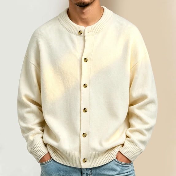 Mens Cardigan Sweaters Crew Neck Button Front Soft Knit Pullover Drop Shoulder Long Sleeve Loose Fit Casual Outerwear Tops